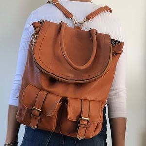 Tan Leather Drawstring Backpack